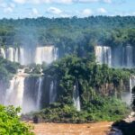 A panoramic view of Iguaçu Falls with multiple waterfalls cascading into a wide river, surrounded by lush green forest.