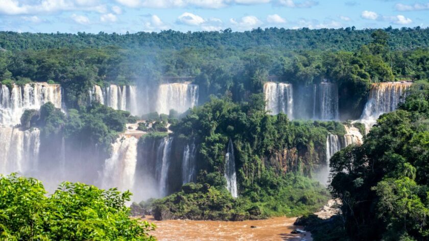 A panoramic view of Iguaçu Falls with multiple waterfalls cascading into a wide river, surrounded by lush green forest.